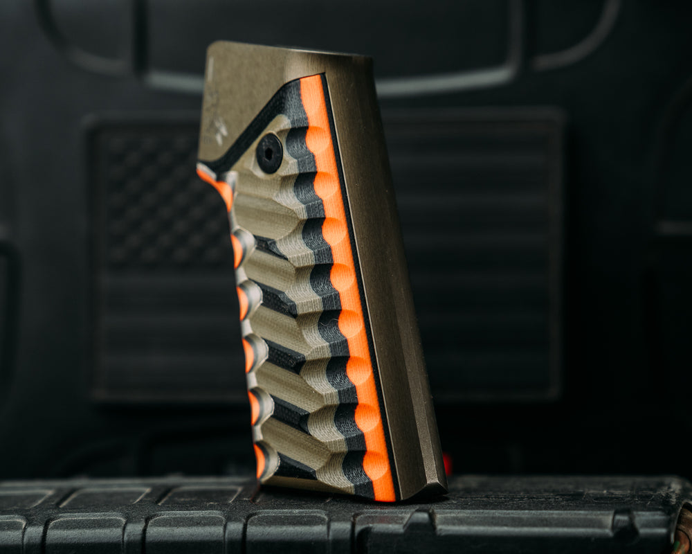 HFB x Kinetic AR Grip System - Black, OD Green & Hunter Orange G10, OD Green Anodization, Snake Grip.