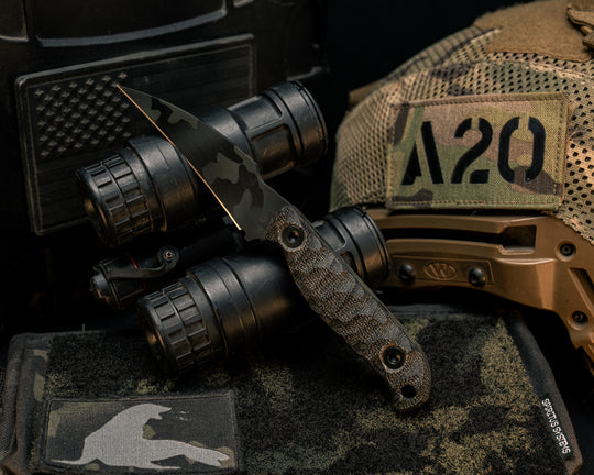 Gula Gula- Black Canvas Micarta, Black Multicam Cerakote, Allen Bolts, Textured Grip