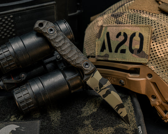 Gula Gula- Black Canvas Micarta, Tiger Stripe Camo Cerakote, Allen Bolts, Textured Grip