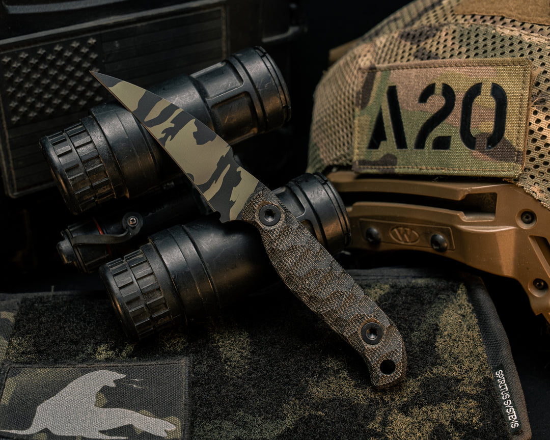 Gula Gula- Black Canvas Micarta, Tiger Stripe Camo Cerakote, Allen Bolts, Textured Grip