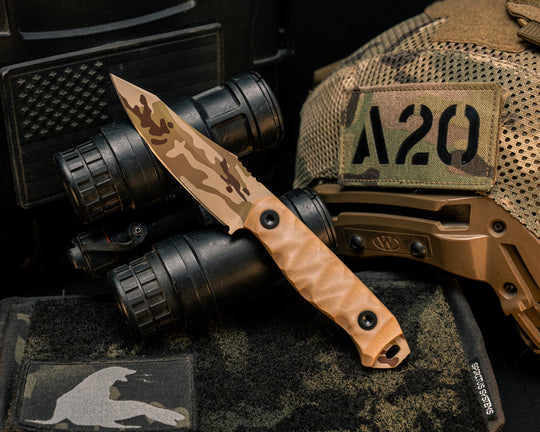 Field Knife Jr- Ghost/Coyote G10, Arid Multicam Cerakote, Allen Bolts, Textured Grip