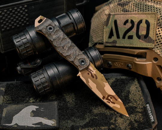 Field Knife Jr- Black Canvas Micarta, Arid Multicam Cerakote, Allen Bolts, Textured Grip