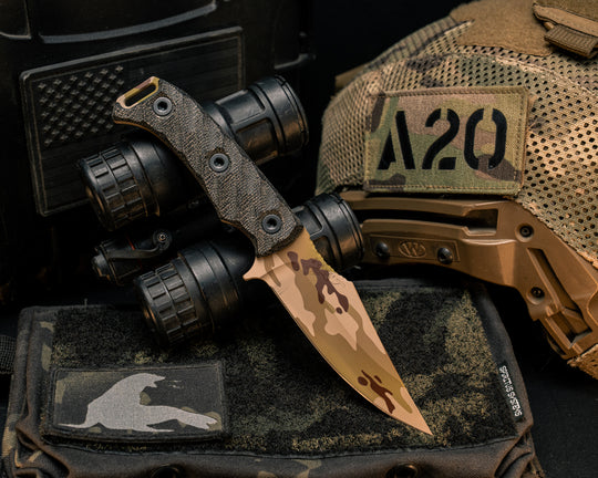 Tosahwi-  Black Canvas Micarta, Arid Multicam Cerakote, Allen Bolts, Textured Grip