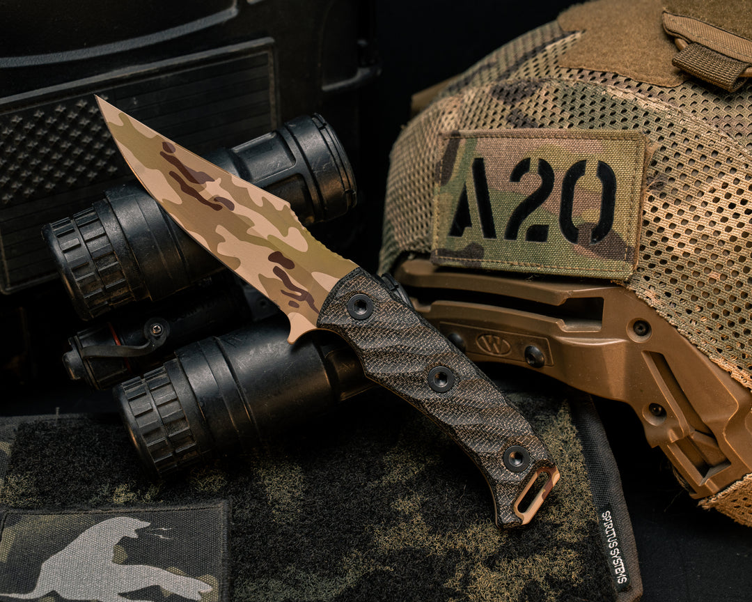 Tosahwi-  Black Canvas Micarta, Arid Multicam Cerakote, Allen Bolts, Textured Grip