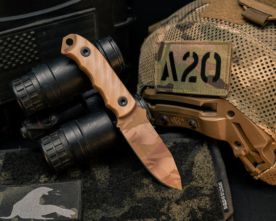 Disaster Cub- Ghost/Coyote G10, Desert Tiger Stripe Cerakote, Allen Bolts, Textured Grip