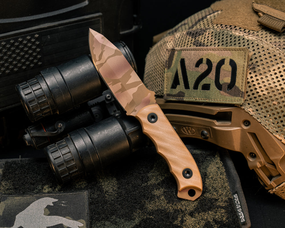 Disaster Cub- Ghost/Coyote G10, Desert Tiger Stripe Cerakote, Allen Bolts, Textured Grip