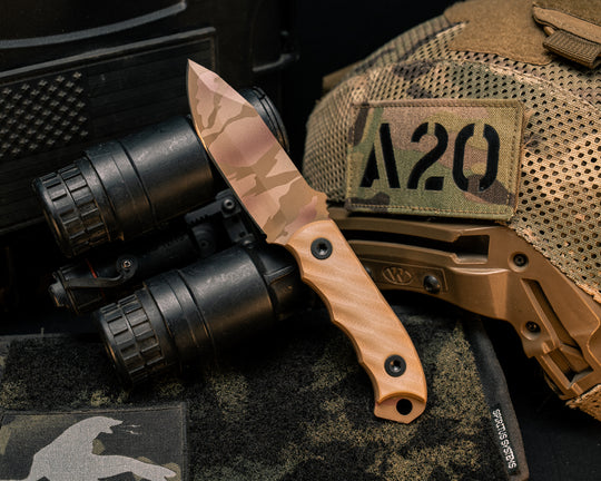 Disaster Cub- Ghost/Coyote G10, Desert Tiger Stripe Cerakote, Allen Bolts, Textured Grip