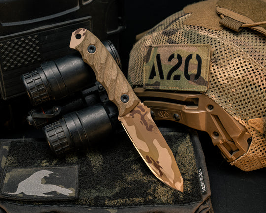 Disaster Jr- OD Green Canvas Micarta, Arid Multicam Cerakote, Allen Bolts, Textured Grip