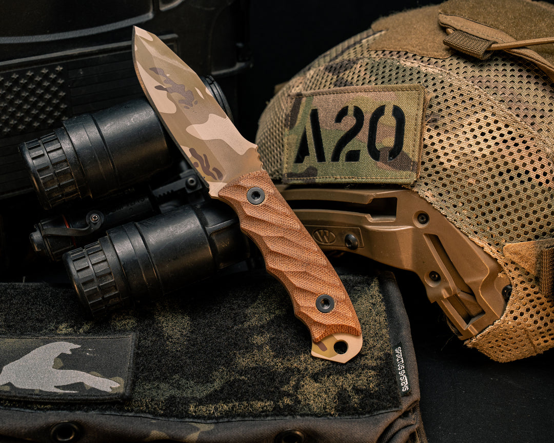 Disaster Jr- Natural Canvas Micarta, Arid Multicam Cerakote, Allen Bolts, Textured Grip