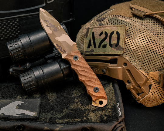 Disaster Jr- Natural Canvas Micarta, Arid Multicam Cerakote, Allen Bolts, Textured Grip
