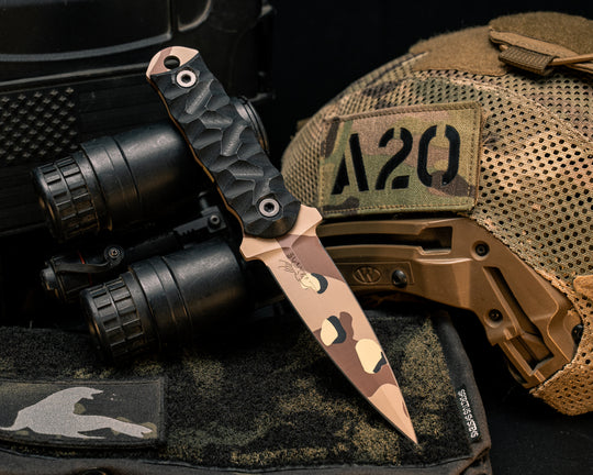 Combat Dagger- Black G10, Chocolate Chip Camo Cerakote, Allen Bolts, Textured Grip