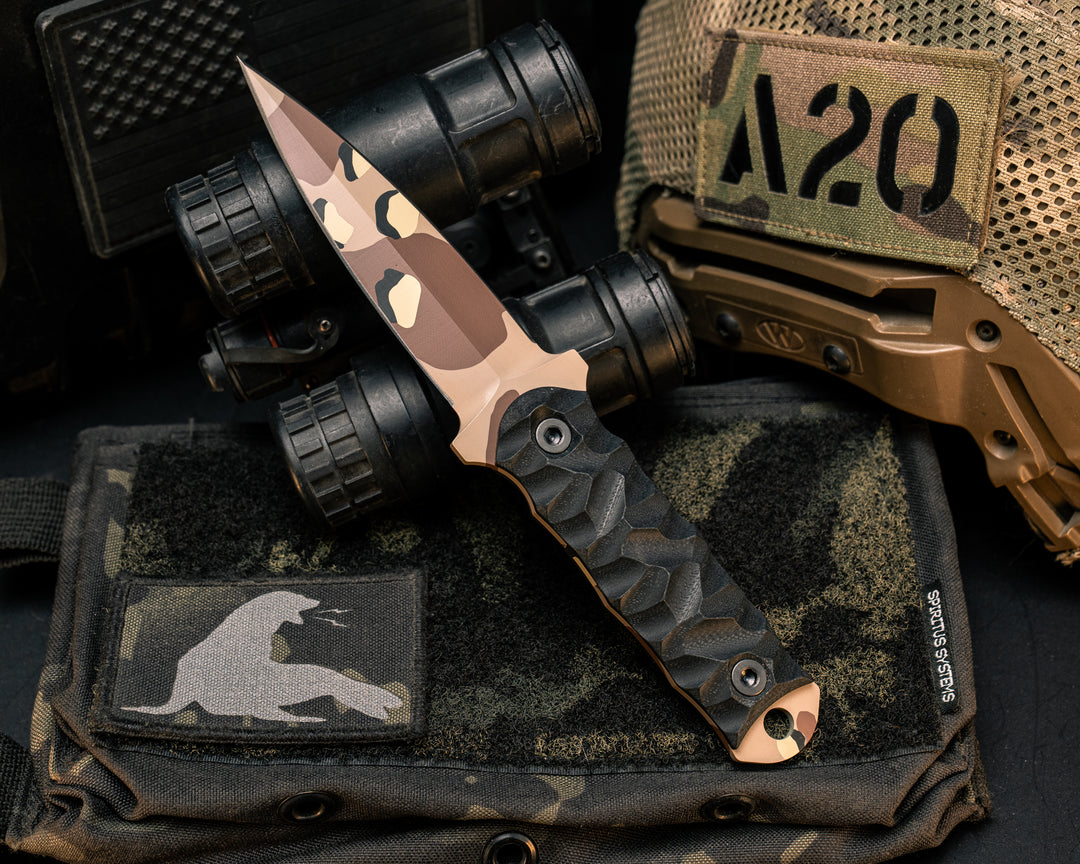 Combat Dagger- Black G10, Chocolate Chip Camo Cerakote, Allen Bolts, Textured Grip