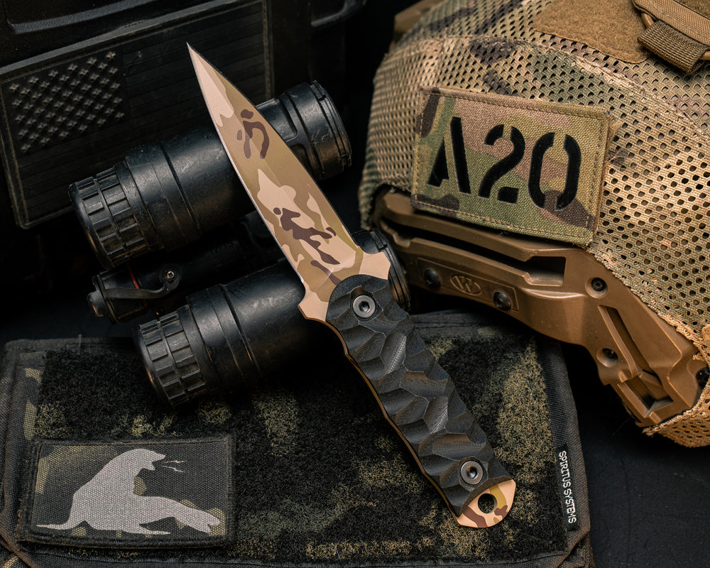 Combat Dagger- Black G10, Arid Multicam Cerakote, Allen Bolts, Textured Grip