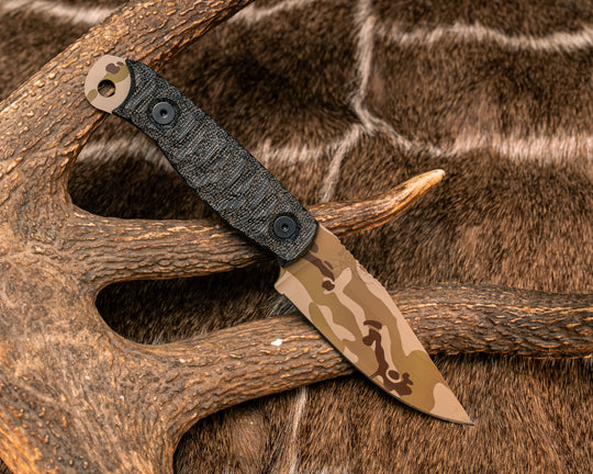 Crow Scalper- Black Canvas Micarta, Arid Multicam Cerakote, Allen Bolts, Textured Grip