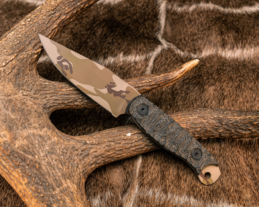 Crow Scalper- Black Canvas Micarta, Arid Multicam Cerakote, Allen Bolts, Textured Grip