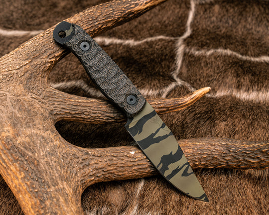 Crow Scalper- Black Canvas Micarta, Tiger Stripe Cerakote, Allen Bolts, Textured Grip