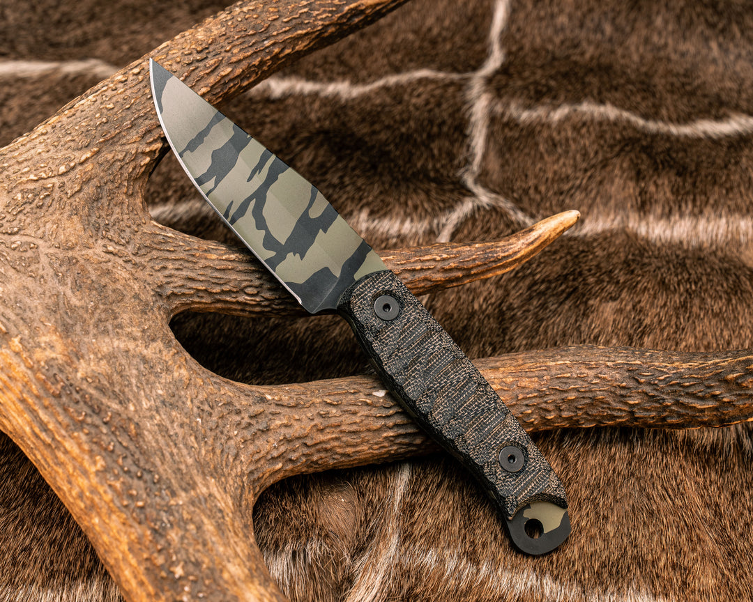 Crow Scalper- Black Canvas Micarta, Tiger Stripe Cerakote, Allen Bolts, Textured Grip