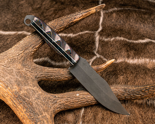 Crow Scout- 80's Rad Carbon, Black G10 and White G10 Pin Striping, Blue Dark Matter Carbon Split, 1/8" CF Pins, Textured Grip