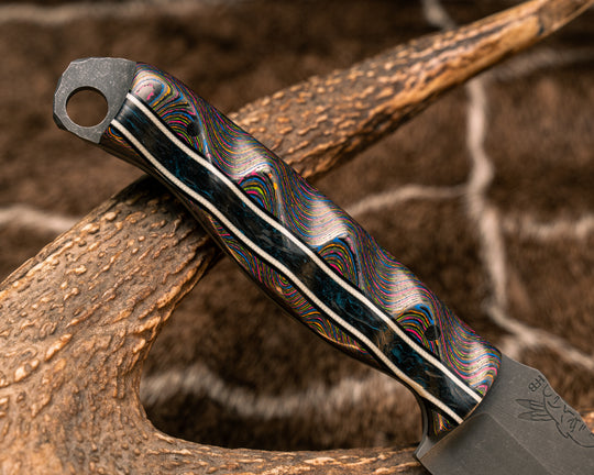 Crow Scout- 80's Rad Carbon, Black G10 and White G10 Pin Striping, Blue Dark Matter Carbon Split, 1/8" CF Pins, Textured Grip