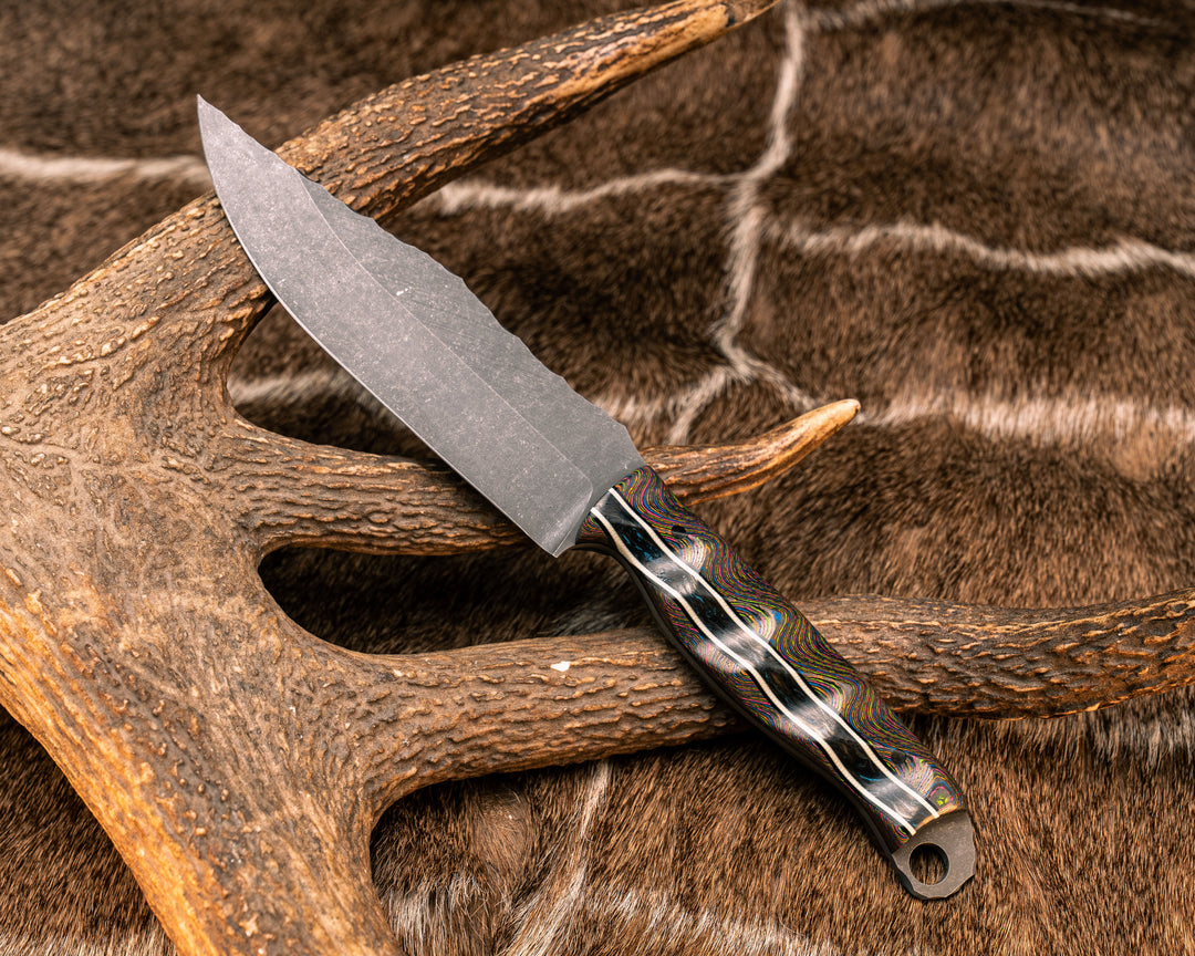 Crow Scout- 80's Rad Carbon, Black G10 and White G10 Pin Striping, Blue Dark Matter Carbon Split, 1/8" CF Pins, Textured Grip