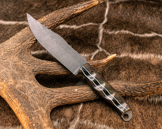 Crow Scout- 80's Rad Carbon, Black G10 and White G10 Pin Striping, Blue Dark Matter Carbon Split, 1/8" CF Pins, Textured Grip