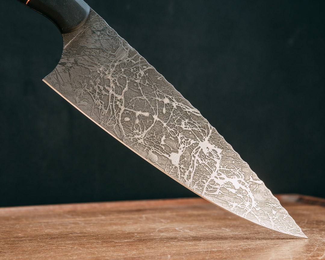 Chef Blade- Black G10, Copper and Black G10 Pin Striping, Black with Copper Web Tru-stone and Turquoise with Copper Web Tru-stone Split, CF Pins, Smooth Grip