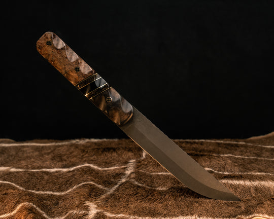 Aikuchi- Black Walnut, Black G10 and Brass Pin Striping, Gold Dark Matter Carbon and Bison Horn Split, Black Forest Mango, Mosaic Pins, Textured Grip