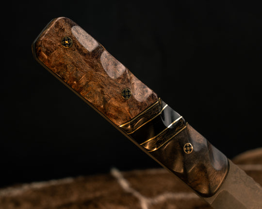 Aikuchi- Black Walnut, Black G10 and Brass Pin Striping, Gold Dark Matter Carbon and Bison Horn Split, Black Forest Mango, Mosaic Pins, Textured Grip