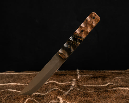 Aikuchi- Black Walnut, Black G10 and Brass Pin Striping, Gold Dark Matter Carbon and Bison Horn Split, Black Forest Mango, Mosaic Pins, Textured Grip