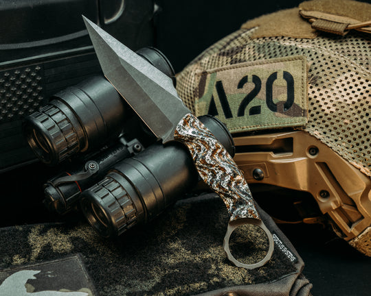 Ringed Tac Tanto- Silver Carbon Fiberf, Burlap and Resin, Mosaic Pins, Textured Grip