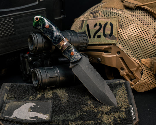 Disaster Jr- Blue and Yellow Pearl Resin, Black G10 and Brass Pin Striping, Hawaiian Curly Koa Split, Blue, Yellow and Green Pearl Resin, Natural Micarta Pins, Natural Micarta Lanyard Pin, Textured Grip