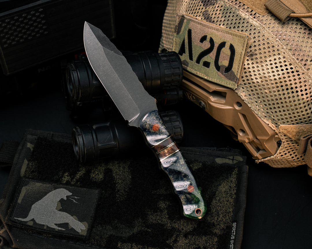 Disaster Jr- Blue and Yellow Pearl Resin, Black G10 and Brass Pin Striping, Hawaiian Curly Koa Split, Blue, Yellow and Green Pearl Resin, Natural Micarta Pins, Natural Micarta Lanyard Pin, Textured Grip