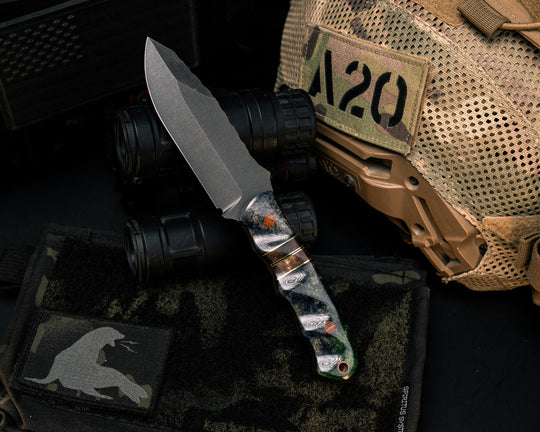 Disaster Jr- Blue and Yellow Pearl Resin, Black G10 and Brass Pin Striping, Hawaiian Curly Koa Split, Blue, Yellow and Green Pearl Resin, Natural Micarta Pins, Natural Micarta Lanyard Pin, Textured Grip