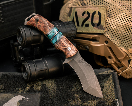 Buteo- Redwood Burl, Black G10 and Aluminum Pin Striping, Chrysocolla Tru-stone Split, Mosaic Pins, Textured Grip
