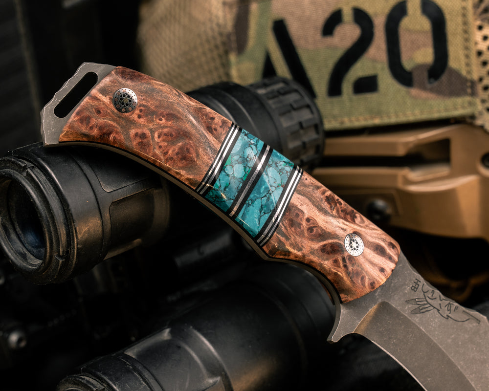 Buteo- Redwood Burl, Black G10 and Aluminum Pin Striping, Chrysocolla Tru-stone Split, Mosaic Pins, Textured Grip