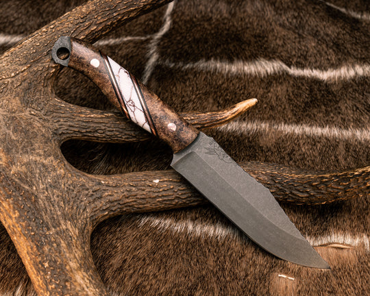 Crow Scout- Maple, Black G10, Brown Burlap Micarta and Copper Pin Striping, White wit Copper Matrix Tru-stone Split, Copper Pins, Smooth Grip