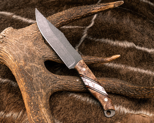 Crow Scout- Maple, Black G10, Brown Burlap Micarta and Copper Pin Striping, White wit Copper Matrix Tru-stone Split, Copper Pins, Smooth Grip