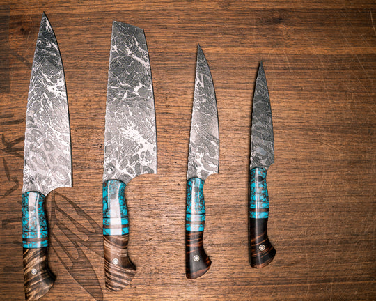 Chef Set- Crushed Turquoise Tru-stone, Black G10 and Copper Pin Striping, Turquoise with Copper Web Tru-stone Split, Hawaiian Curly Koa, Mosaic Pins, Smooth Grip