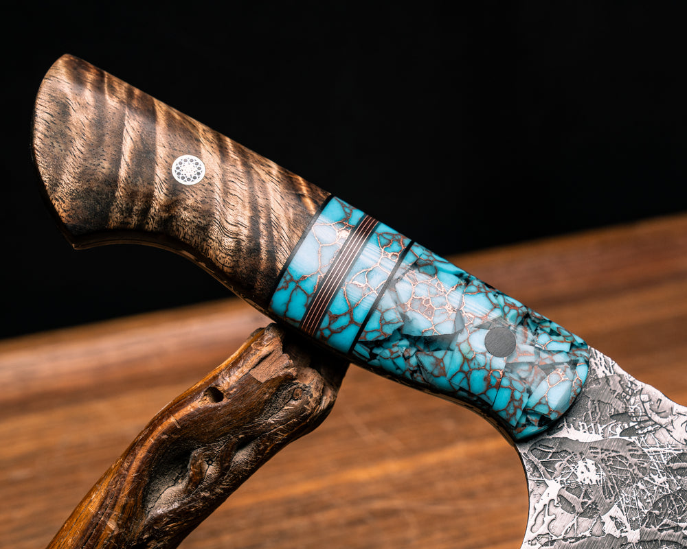 Chef Set- Crushed Turquoise Tru-stone, Black G10 and Copper Pin Striping, Turquoise with Copper Web Tru-stone Split, Hawaiian Curly Koa, Mosaic Pins, Smooth Grip