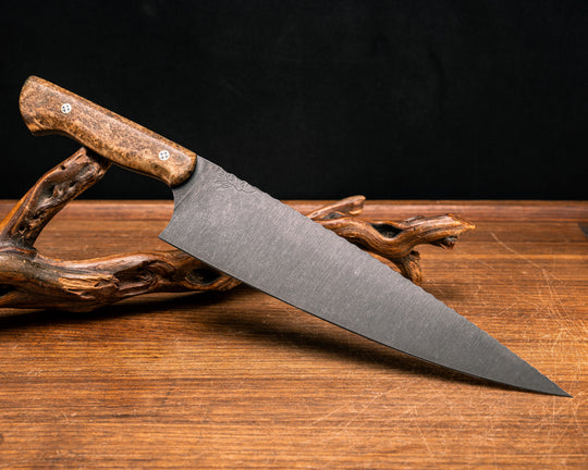 10" Chef Blade- BLack Ash Burl, Black G10 with Copper Liner, Mosaic Pins, Smooth Grip
