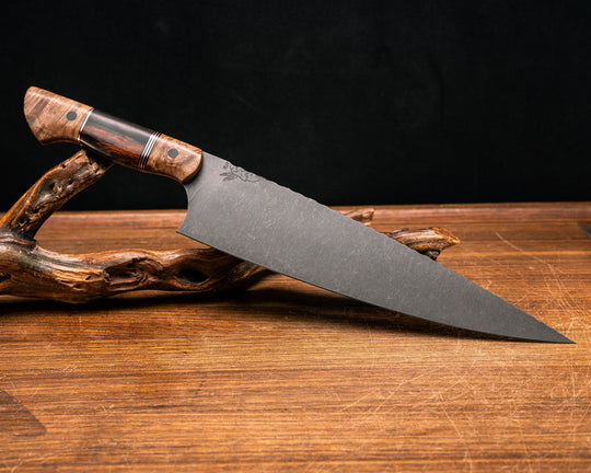 10" Chef Blade- Spalted Maple, Black G10 and Copper Pin Striping, Desert Ironwood Split, CF Pins, Smooth Grip