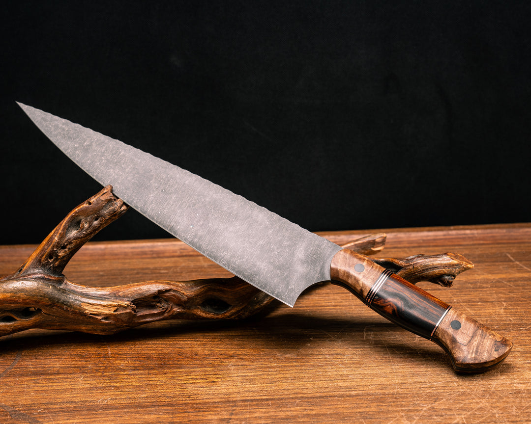 10" Chef Blade- Spalted Maple, Black G10 and Copper Pin Striping, Desert Ironwood Split, CF Pins, Smooth Grip