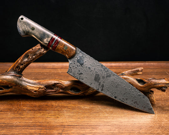 Santoku- Thoya, Black G10, Brass and Aluminum Pin Striping, Red with Gold Web Tru-stone Split, Dyed Maple, Mosaic Pins, Smooth Grip