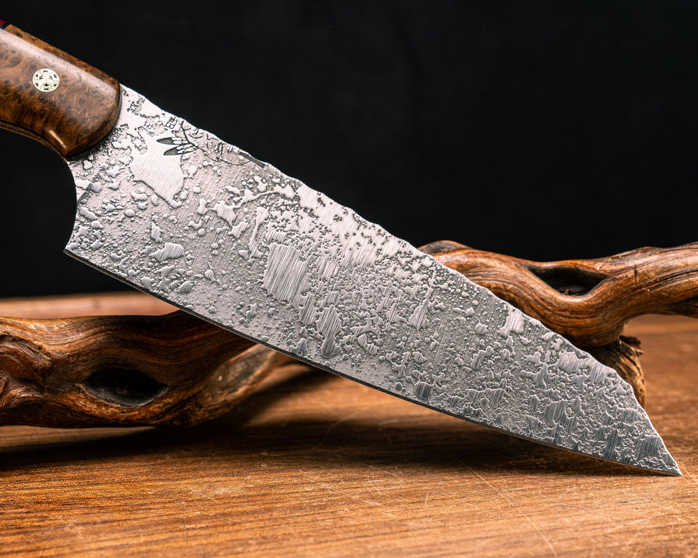 Santoku- Thoya, Black G10, Brass and Aluminum Pin Striping, Red with Gold Web Tru-stone Split, Dyed Maple, Mosaic Pins, Smooth Grip