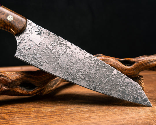 Santoku- Thoya, Black G10, Brass and Aluminum Pin Striping, Red with Gold Web Tru-stone Split, Dyed Maple, Mosaic Pins, Smooth Grip