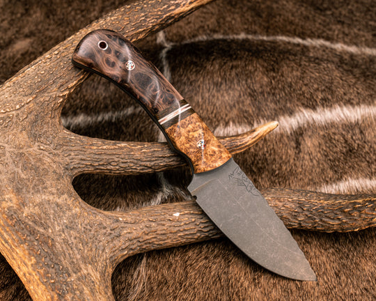 Cavner- Black Ash Burl, Brown Canvas Micarta, White G10 and Copper Split, Redwood Burl, Copper Patriot Mosaic Pins, Copper Lanyard Pin, Textured Grip