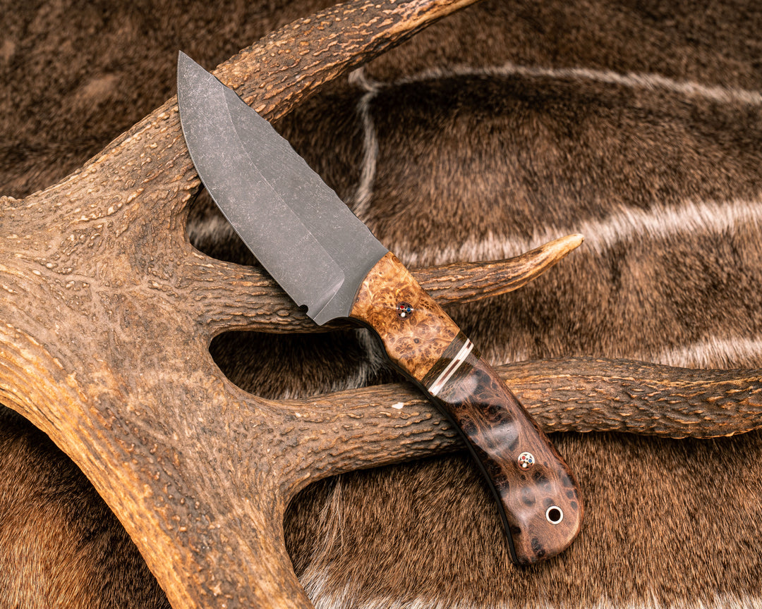 Cavner- Black Ash Burl, Brown Canvas Micarta, White G10 and Copper Split, Redwood Burl, Copper Patriot Mosaic Pins, Copper Lanyard Pin, Textured Grip