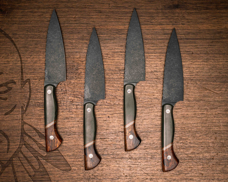 Steak Knife set (4 piece)- OD Green Canvas Micarta, Natural Canvas Micarta, Copper, Grey G10 and White G10 Split, Desert Ironwood, Copper Patriot Mosaic Pins, Smooth Grip
