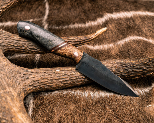 Field Knife Jr- Baker Forge Raindrop Damascus- Black Ash Burl, OD Green G10, Natural Micarta and Copper Split, Buckeye Burl, Copper Pins, Smooth Grip