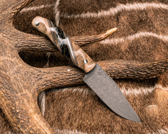 Crow Scalper- Spalted Curly Maple, Black G10, White G10, Coyote G10 and Bronze Pin Striping, Black with Gold Web Tru-stone Split, Mosaic Pins, Textured Grip